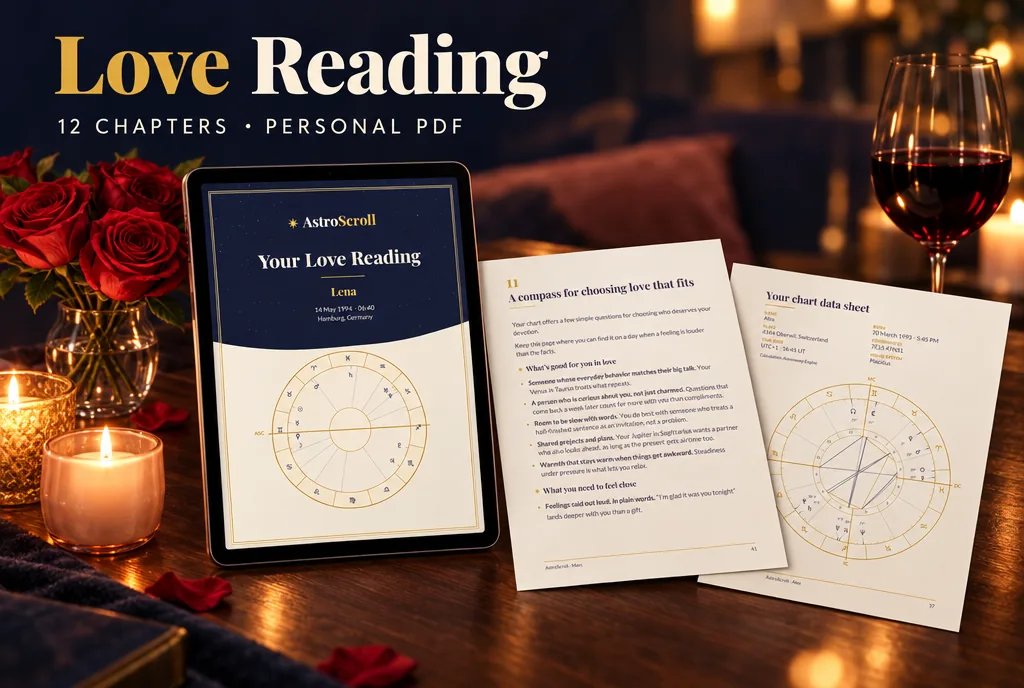 Love Reading: a tablet shows the cover of the reading, two printed pages lie beside it.