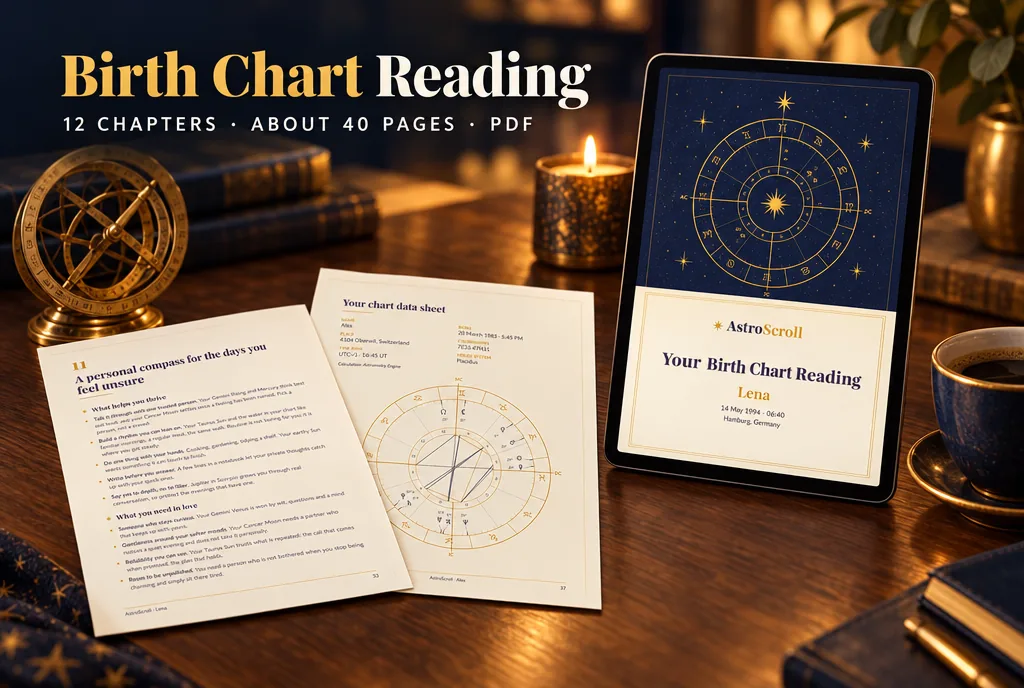 Birth Chart Reading: a tablet shows the cover of the reading, two printed pages lie beside it.