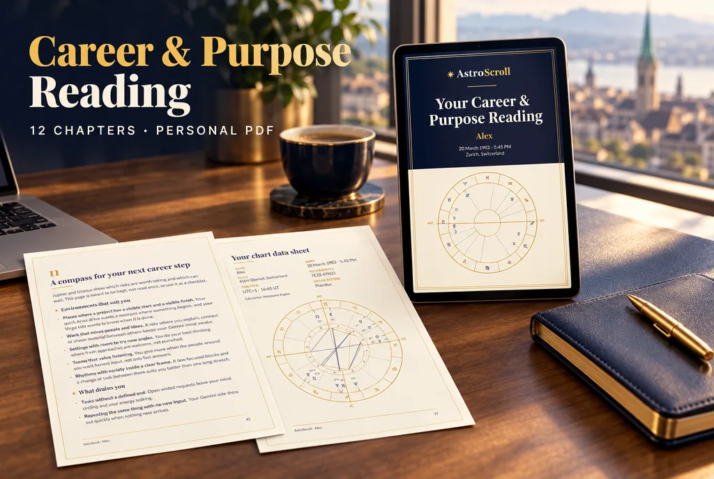 Career & Purpose Reading: a tablet shows the cover of the reading, two printed pages lie beside it.