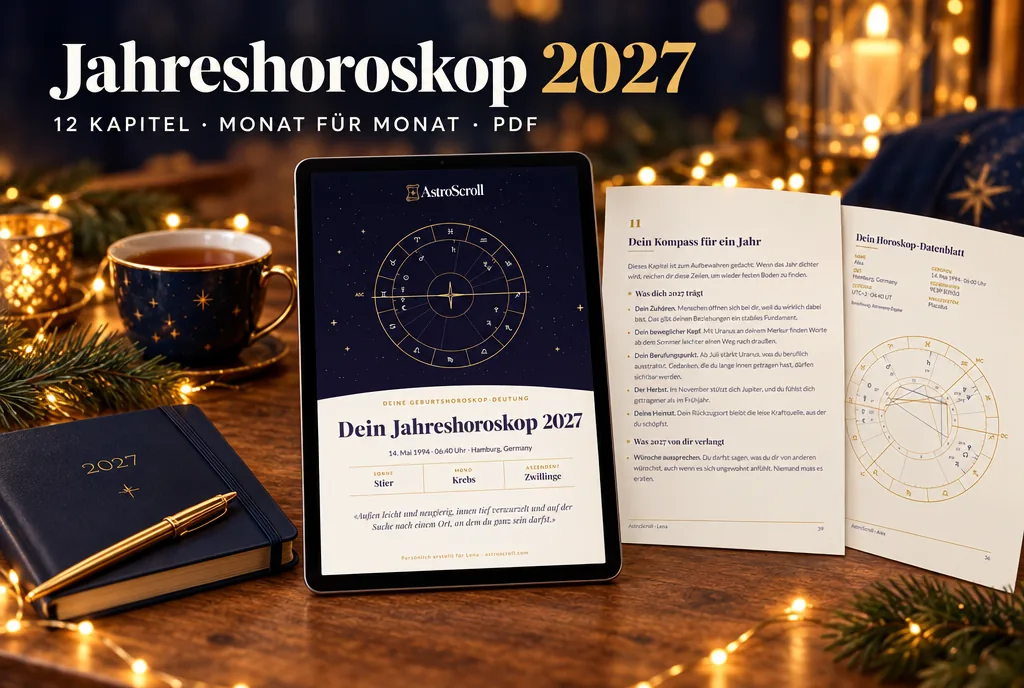 Jahreshoroskop 2027: Ein Tablet zeigt das Deckblatt der Deutung, daneben liegen zwei ausgedruckte Seiten.