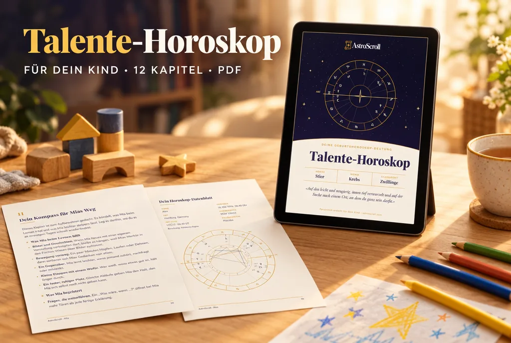 Talente-Horoskop: Ein Tablet zeigt das Deckblatt der Deutung, daneben liegen zwei ausgedruckte Seiten.