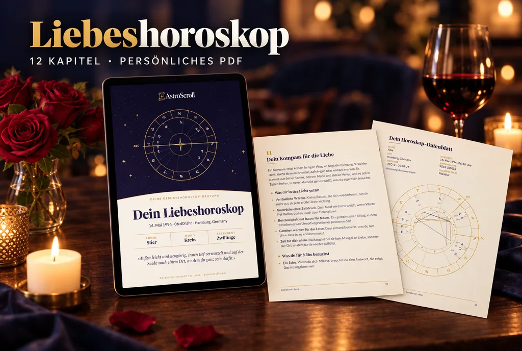 Liebeshoroskop: Ein Tablet zeigt das Deckblatt der Deutung, daneben liegen zwei ausgedruckte Seiten.