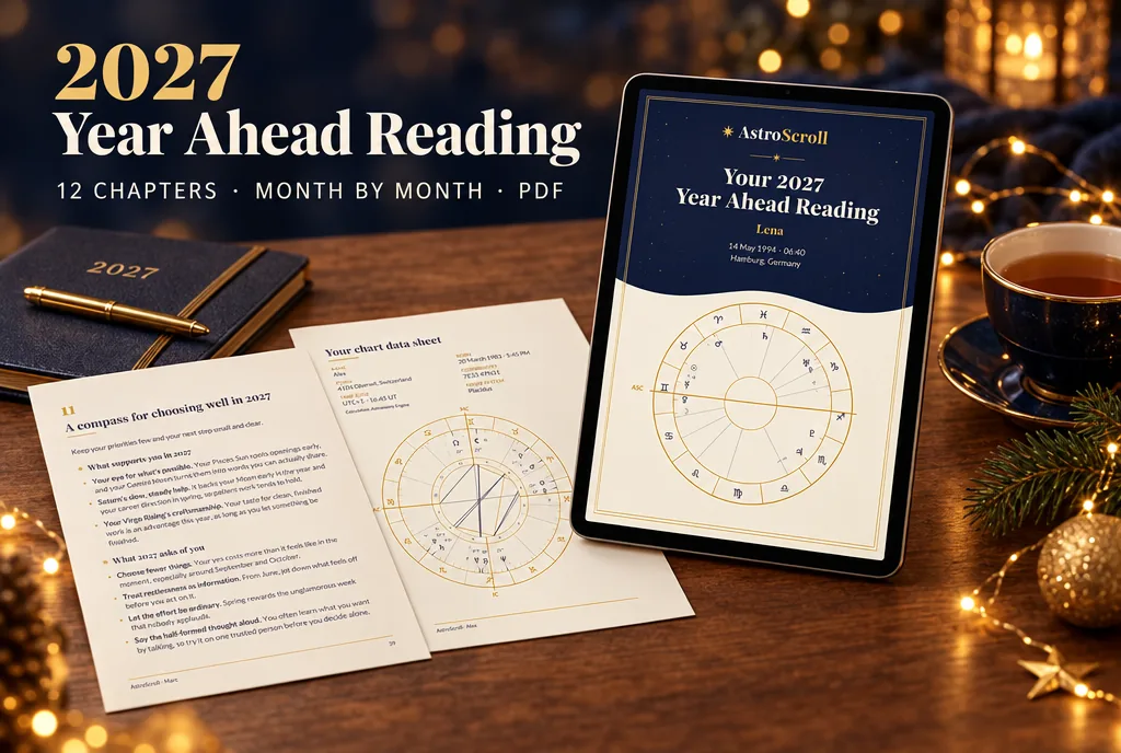 2027 Year Ahead Reading: a tablet shows the cover of the reading, two printed pages lie beside it.