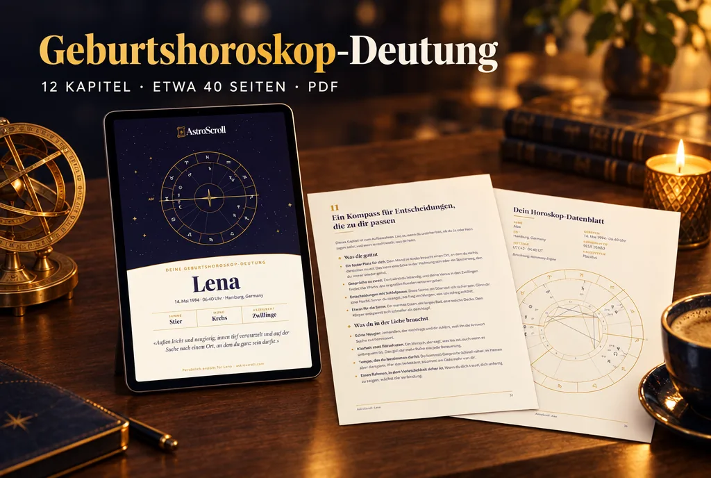 Geburtshoroskop-Deutung: Ein Tablet zeigt das Deckblatt der Deutung, daneben liegen zwei ausgedruckte Seiten.