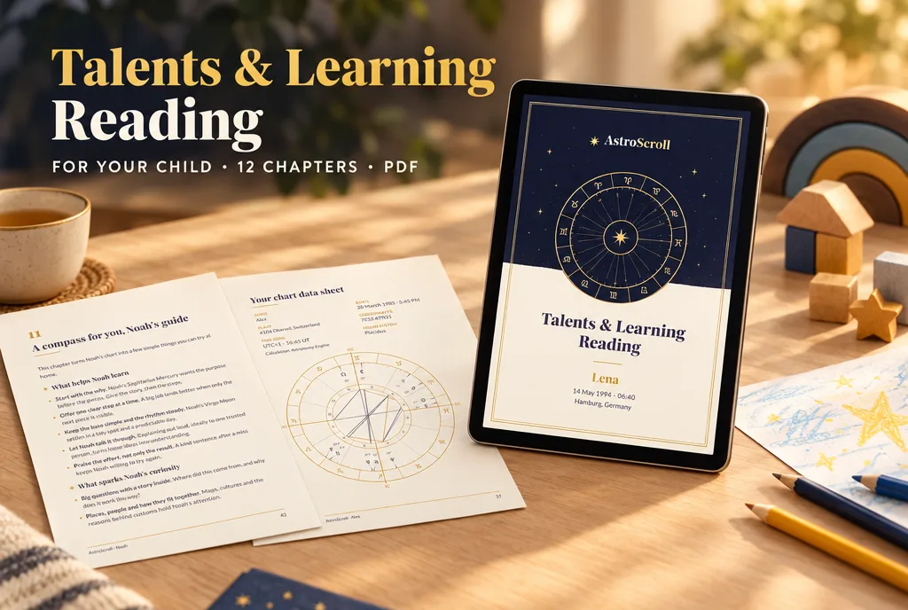 Talents & Learning Reading: a tablet shows the cover of the reading, two printed pages lie beside it.