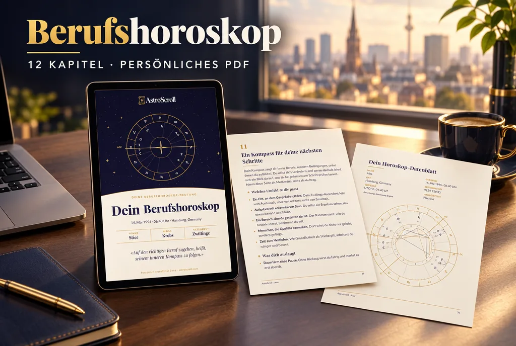 Berufshoroskop: Ein Tablet zeigt das Deckblatt der Deutung, daneben liegen zwei ausgedruckte Seiten.